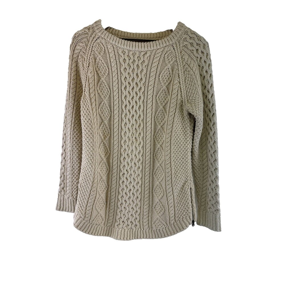 LL Bean Signature Cotton Fisherman Knit‎ Sweater Cream Zip 297470 Womens Small